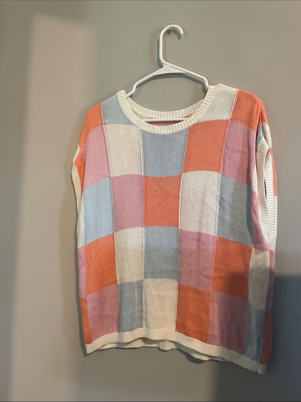 SHEIN Pastel Check Crewneck Sweater in White, Coral, Light Blue, Pink